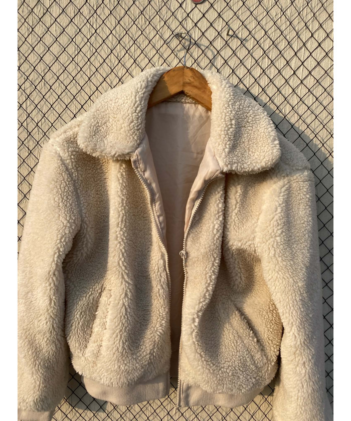 Off-white colored, crop, teddy, zipper jacket