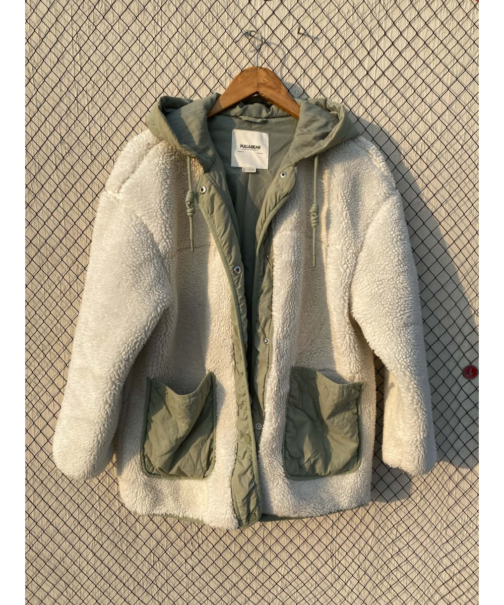 White & green, unisex, teddy, hooded jacket