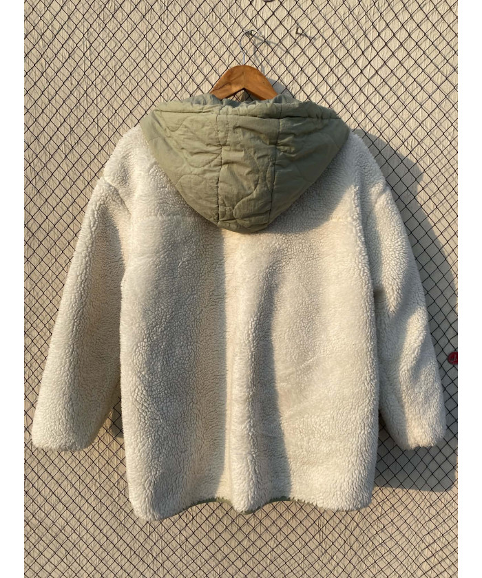 White & green, unisex, teddy, hooded jacket
