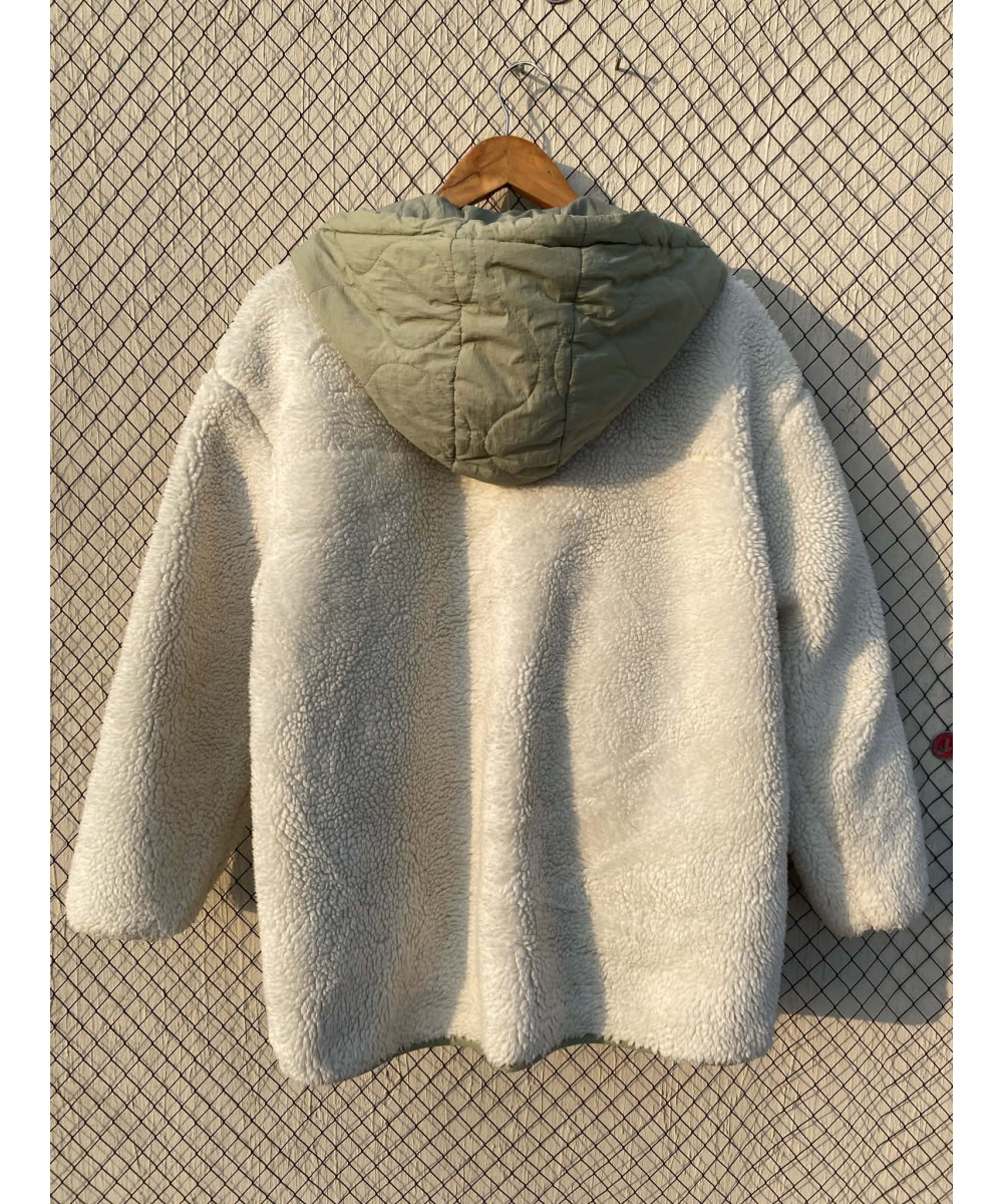 White & green, unisex, teddy, hooded jacket