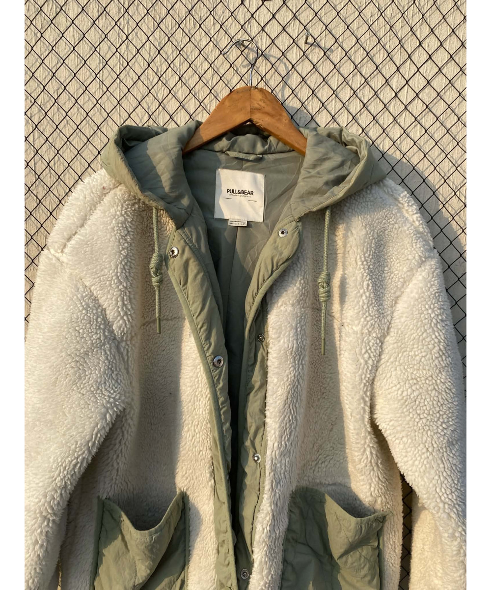 White & green, unisex, teddy, hooded jacket