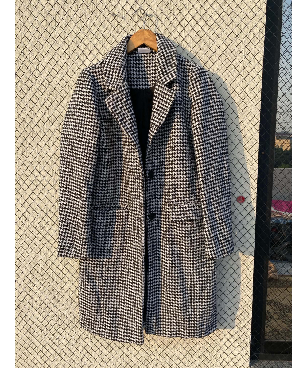Black, houndstooth printed, wool coat