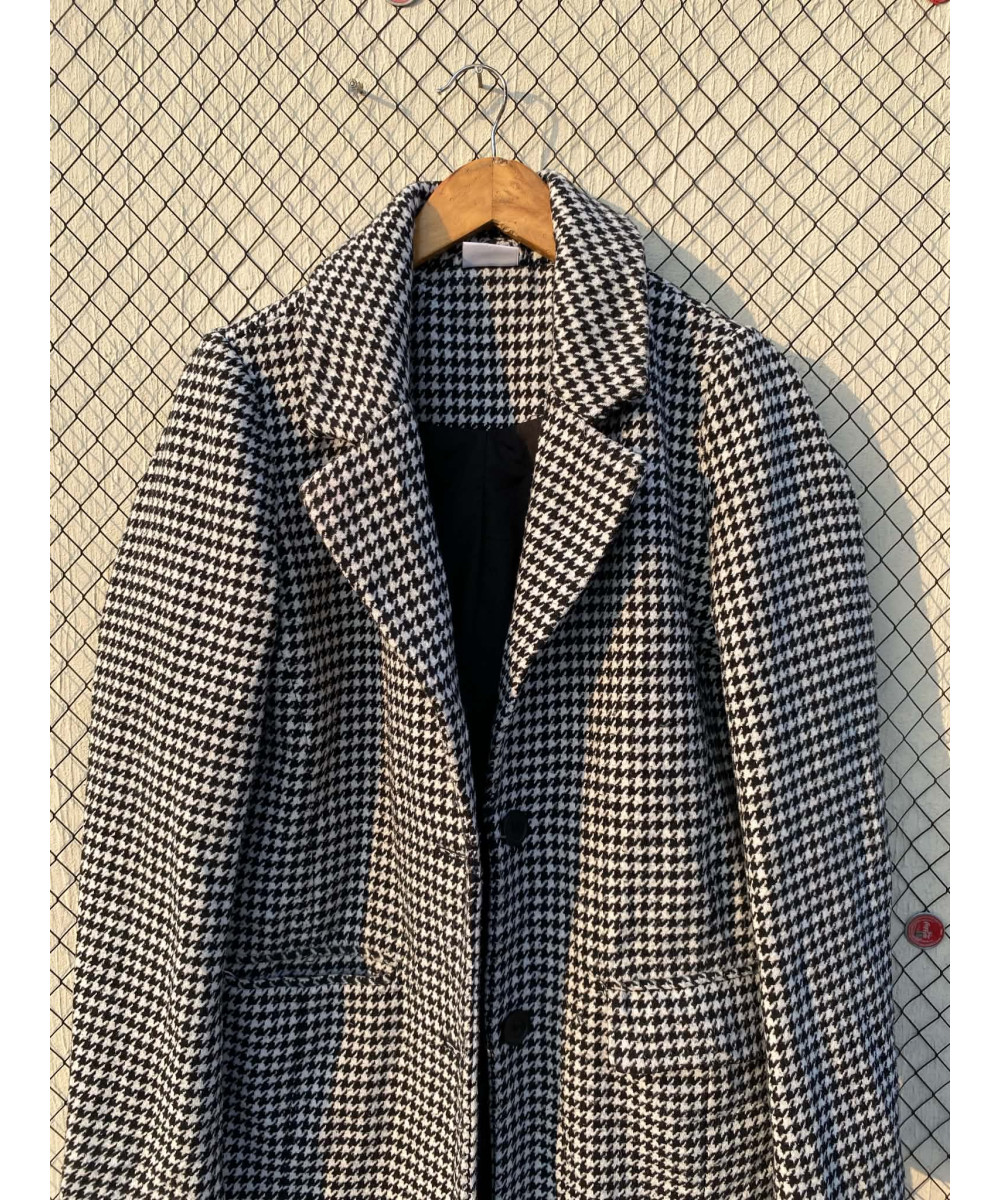 Black, houndstooth printed, wool coat