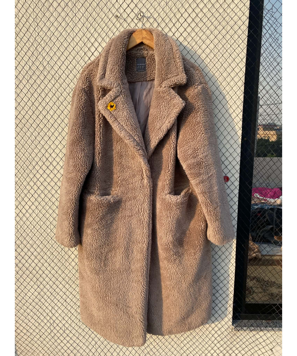 Light gray, long, teddy coat