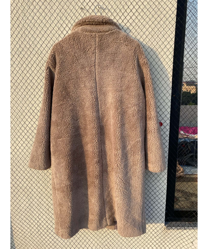 Light gray, long, teddy coat
