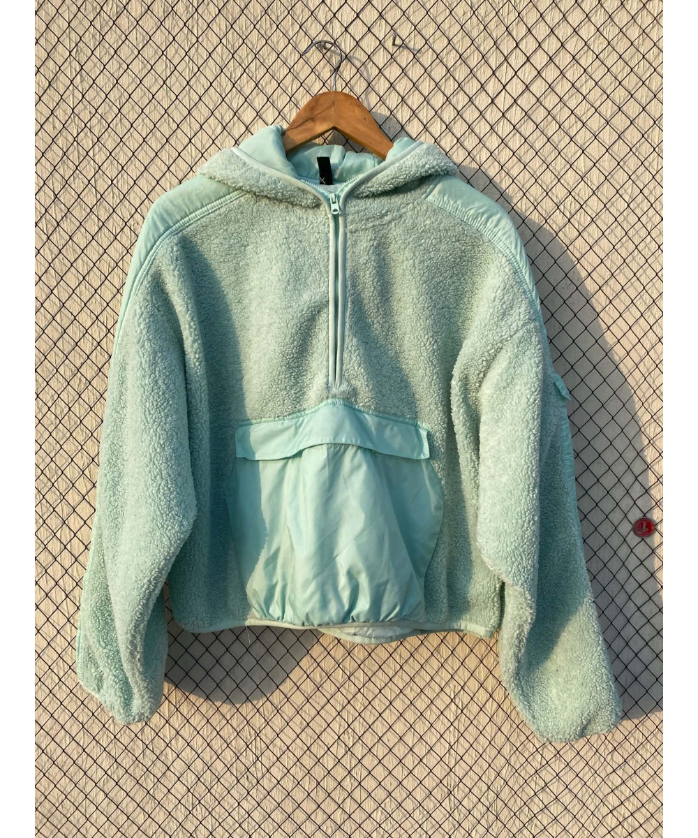 Light aquablue colored, teddy, hooded pullover