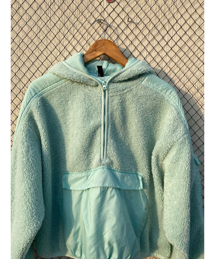Light aquablue colored, teddy, hooded pullover
