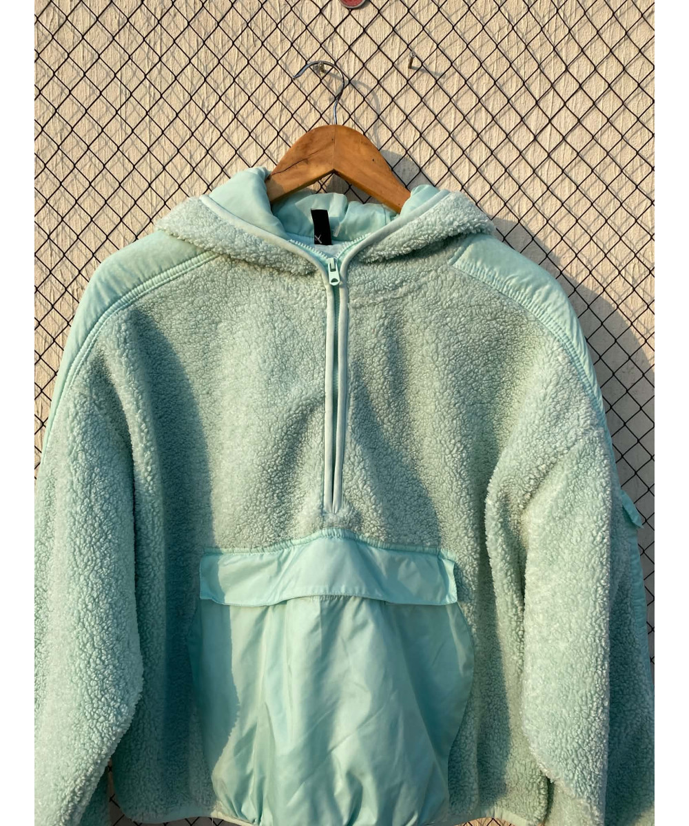 Light aquablue colored, teddy, hooded pullover