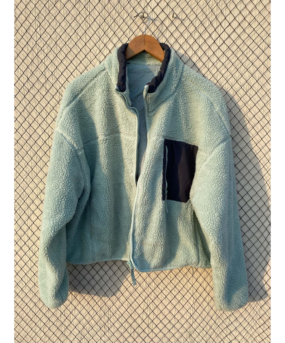 Aqua blue colored, oversized, teddy, zipper jacket