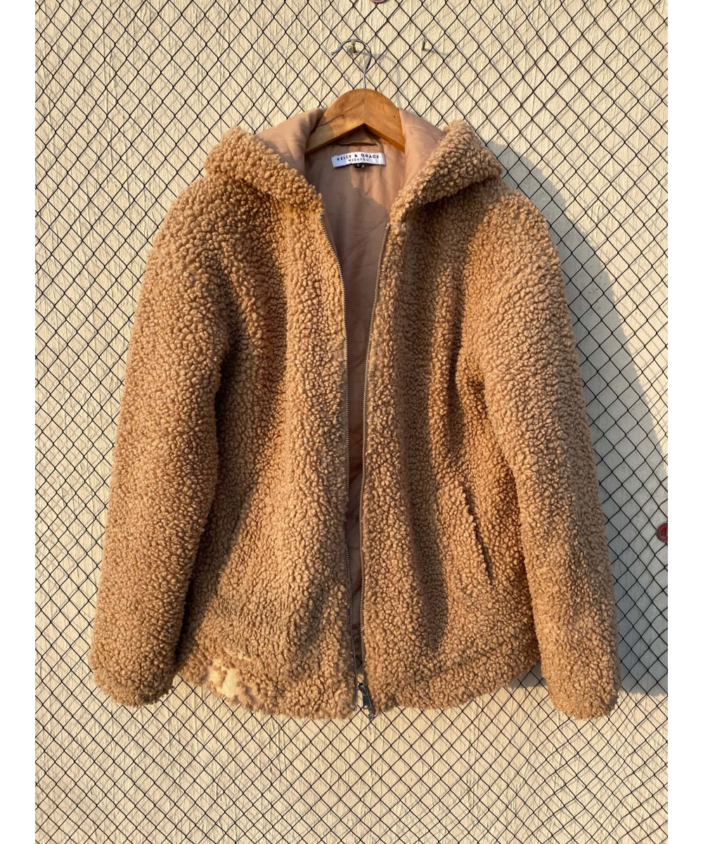 Fawn-colored, teddy, zipper jacket