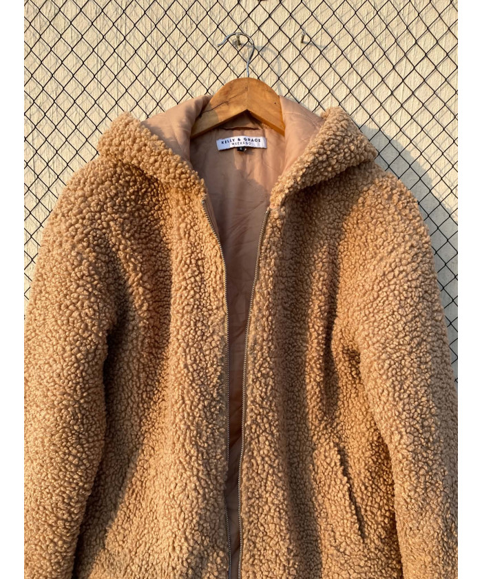 Fawn-colored, teddy, zipper jacket
