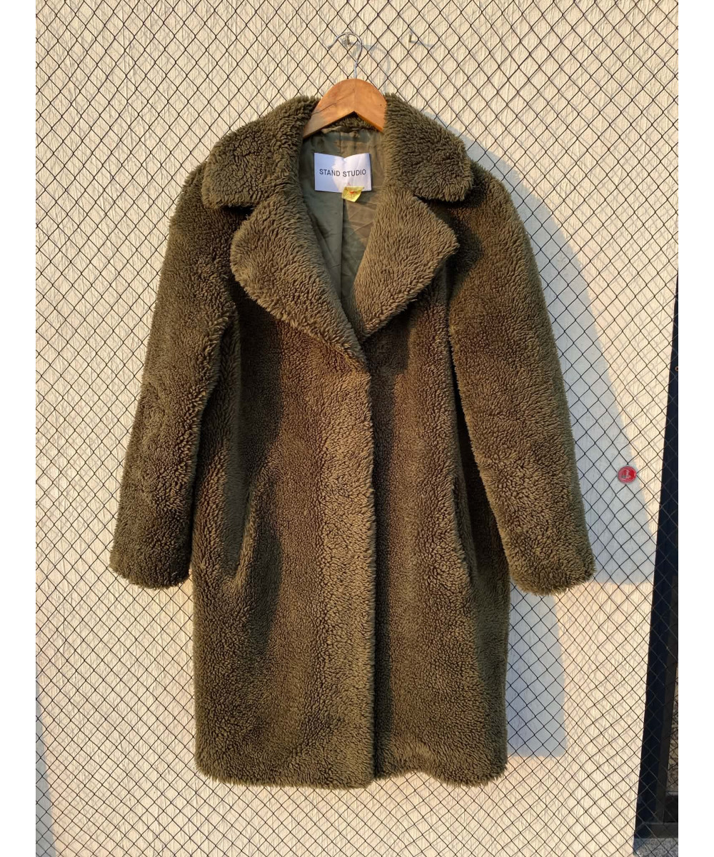 Army green colored, mid-lengthed, teddy coat