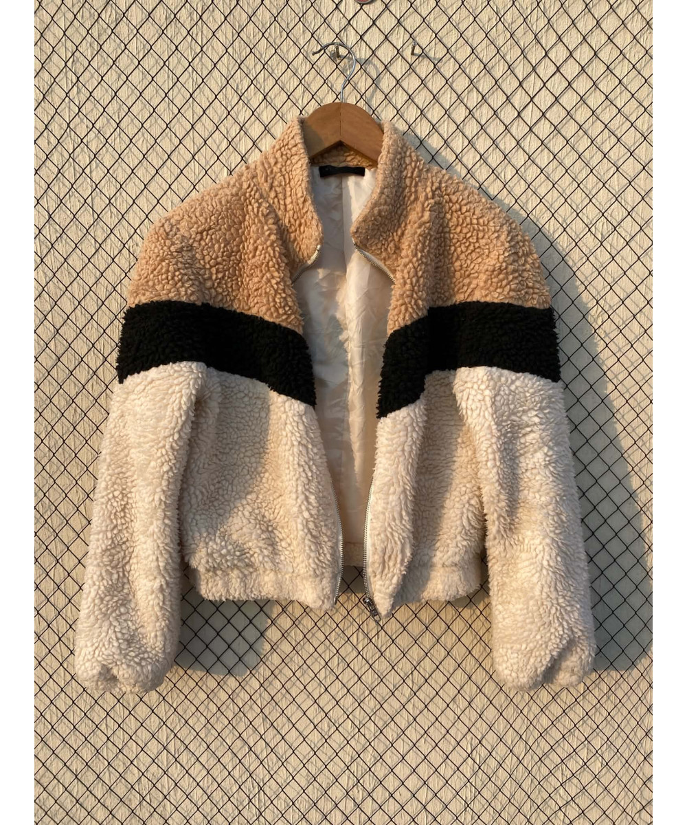 Tri-colored, teddy, zipper jacket