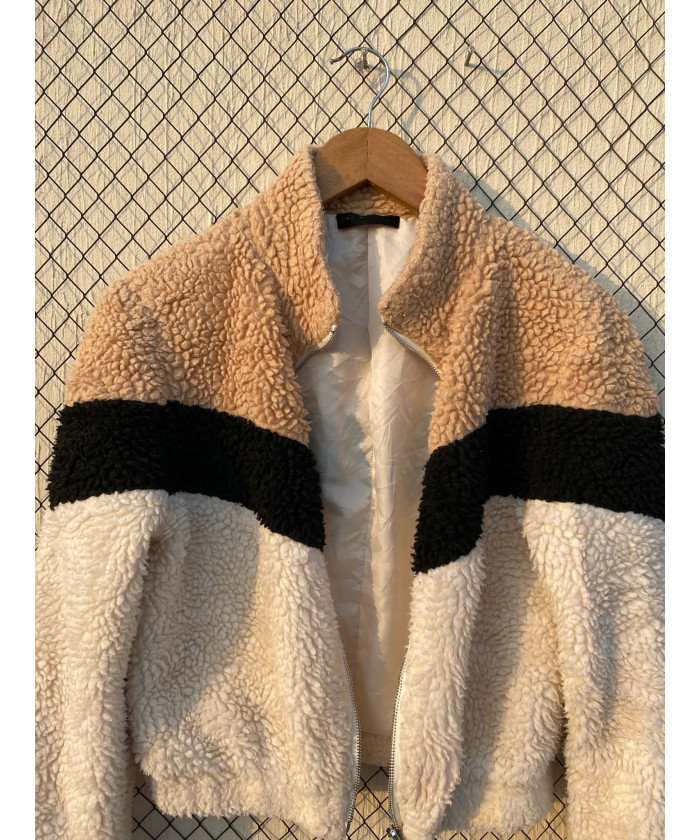 Tri-colored, teddy, zipper jacket