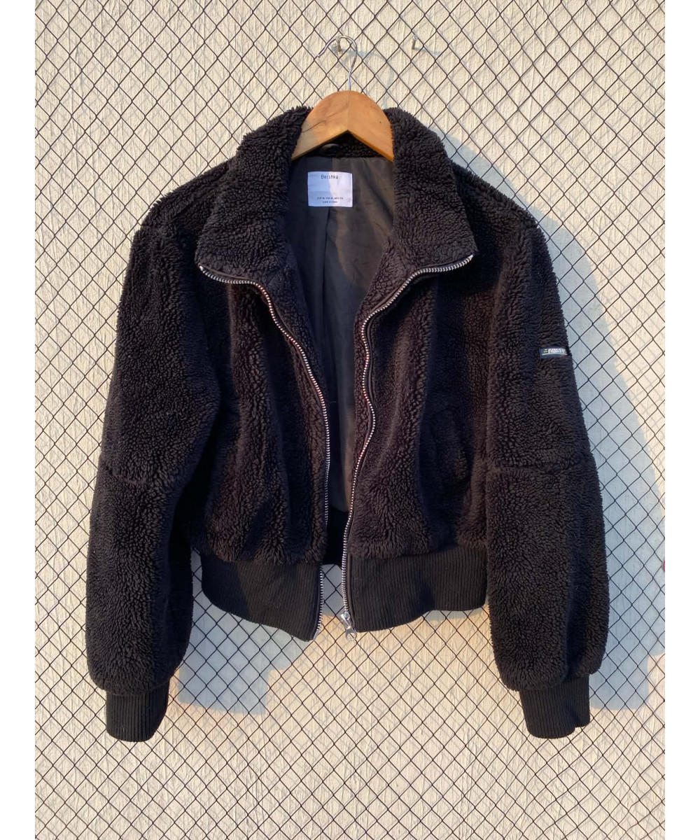 Black, teddy, crop, zipper jacket