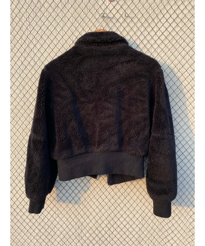 Black, teddy, crop, zipper jacket