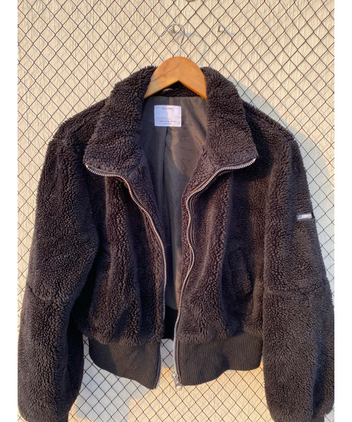 Black, teddy, crop, zipper jacket