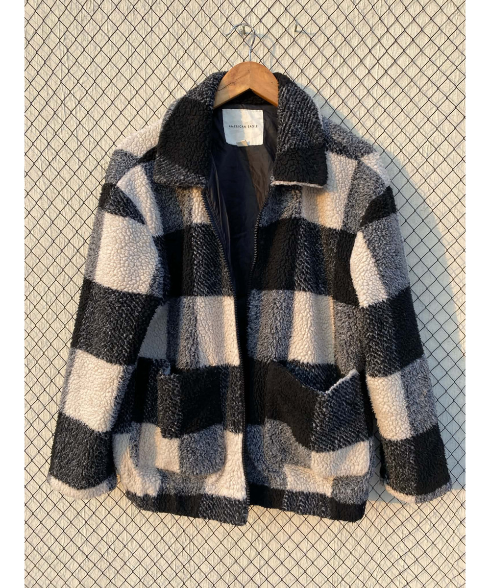 Black, checkered, teddy, zipper jacket