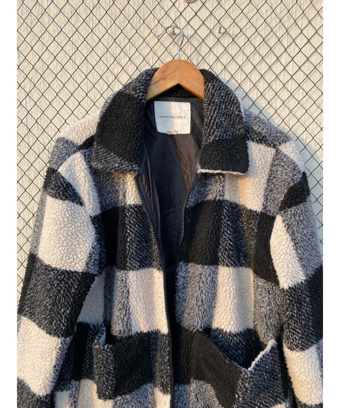 Black, checkered, teddy, zipper jacket