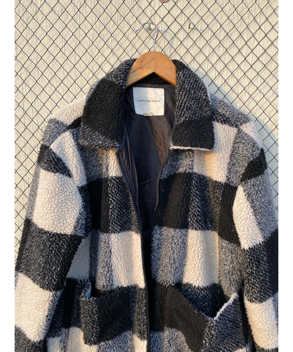 Black, checkered, teddy, zipper jacket