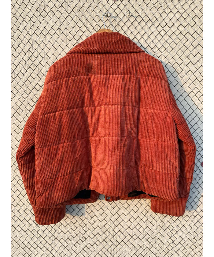 Burnt orange colored, corduroy, puffer, zipper jacket