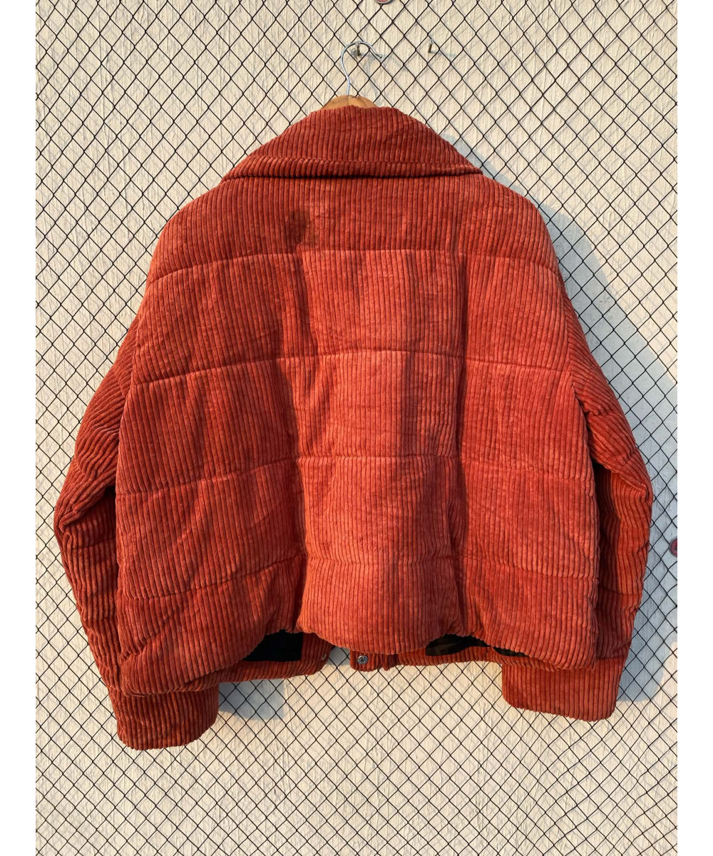 Burnt orange colored, corduroy, puffer, zipper jacket