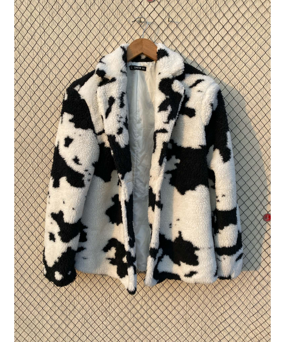 White, cow-printed, fur coat