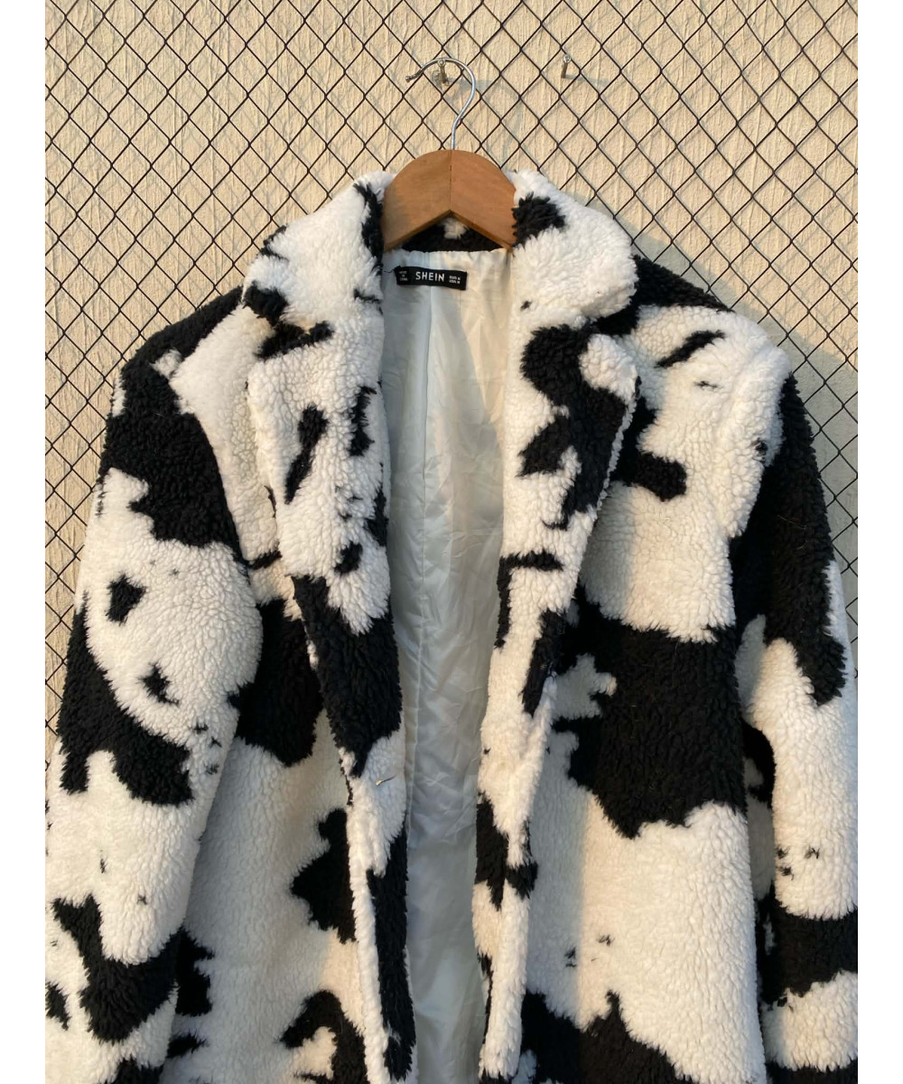 White, cow-printed, fur coat