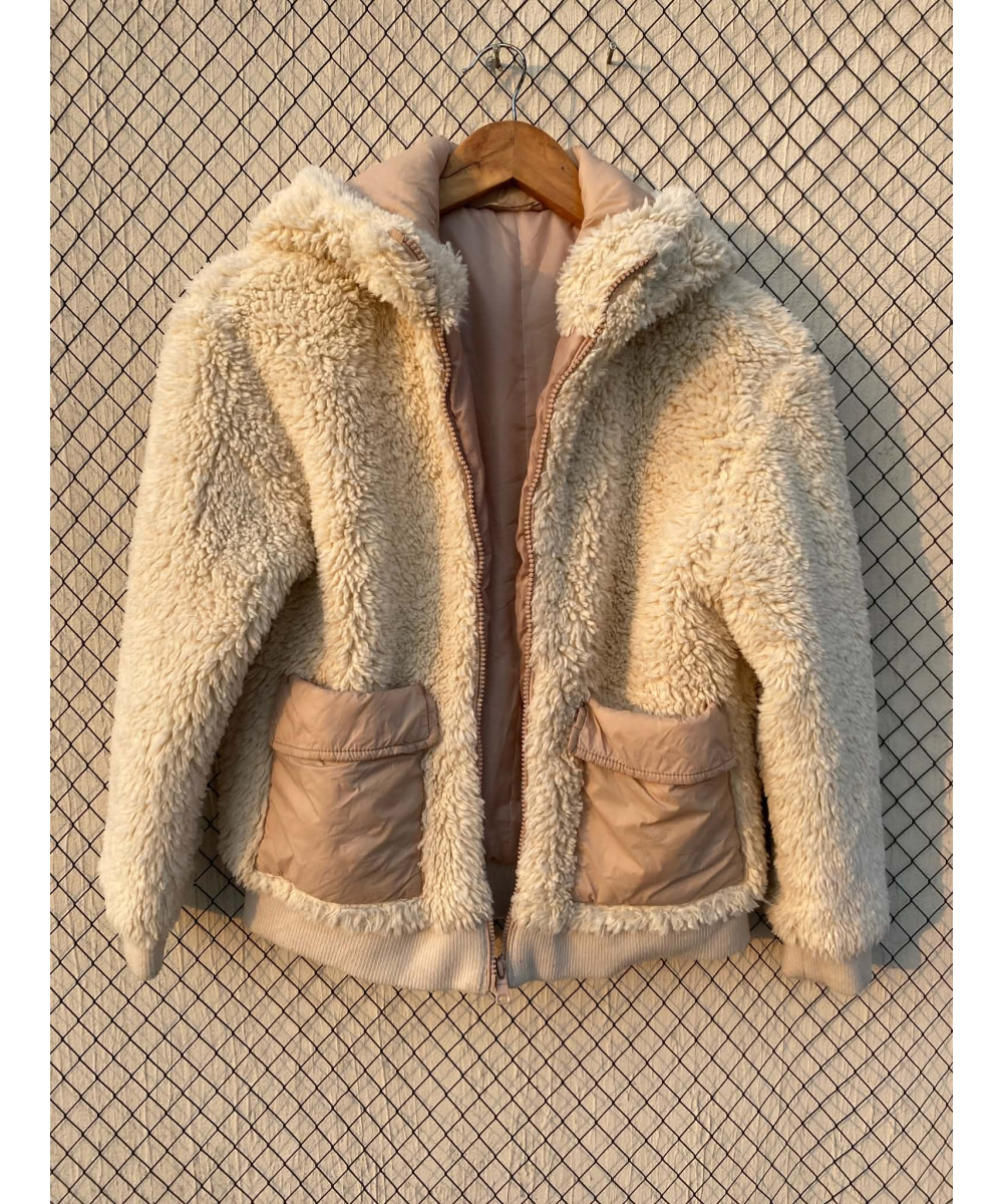 Cream-colored, teddy, hooded, zipper jacket