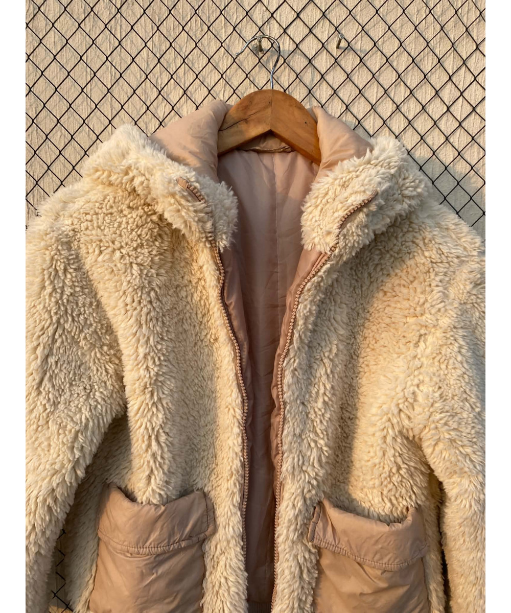 Cream-colored, teddy, hooded, zipper jacket