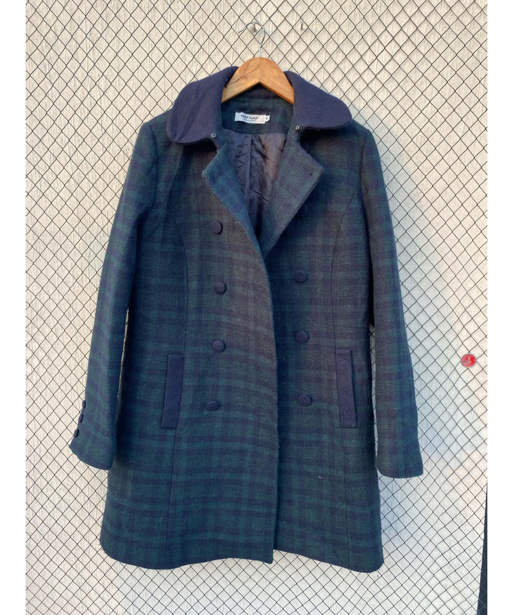 Green, checkered, double-breasted, wool coat