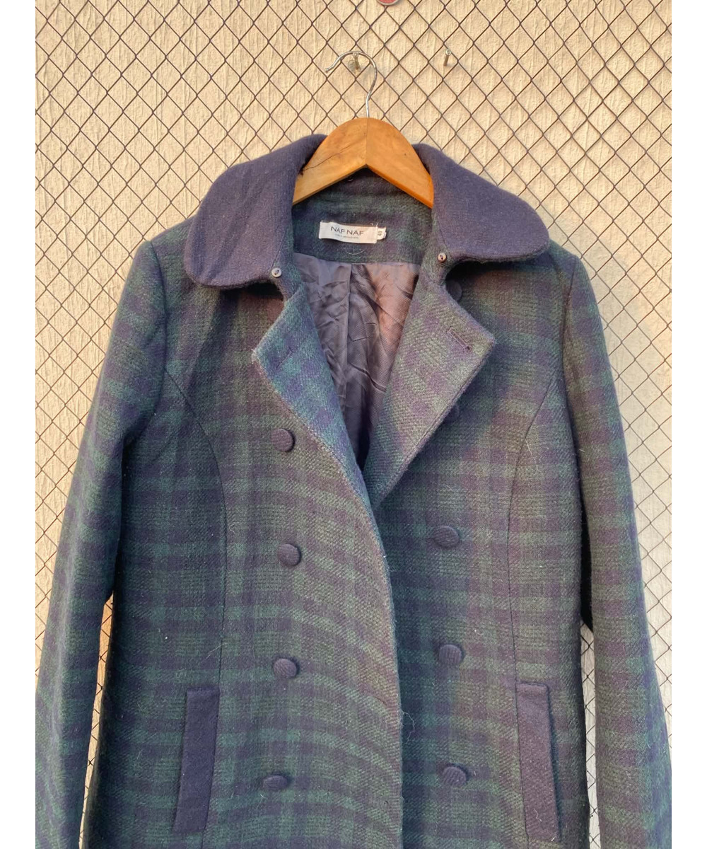 Green, checkered, double-breasted, wool coat