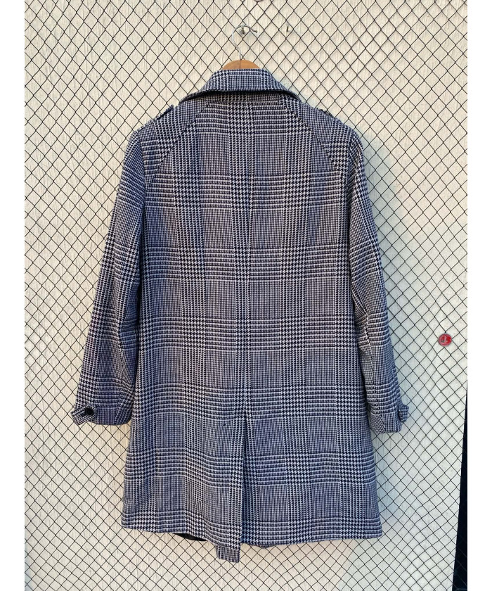 Black, checkered, long, wool coat