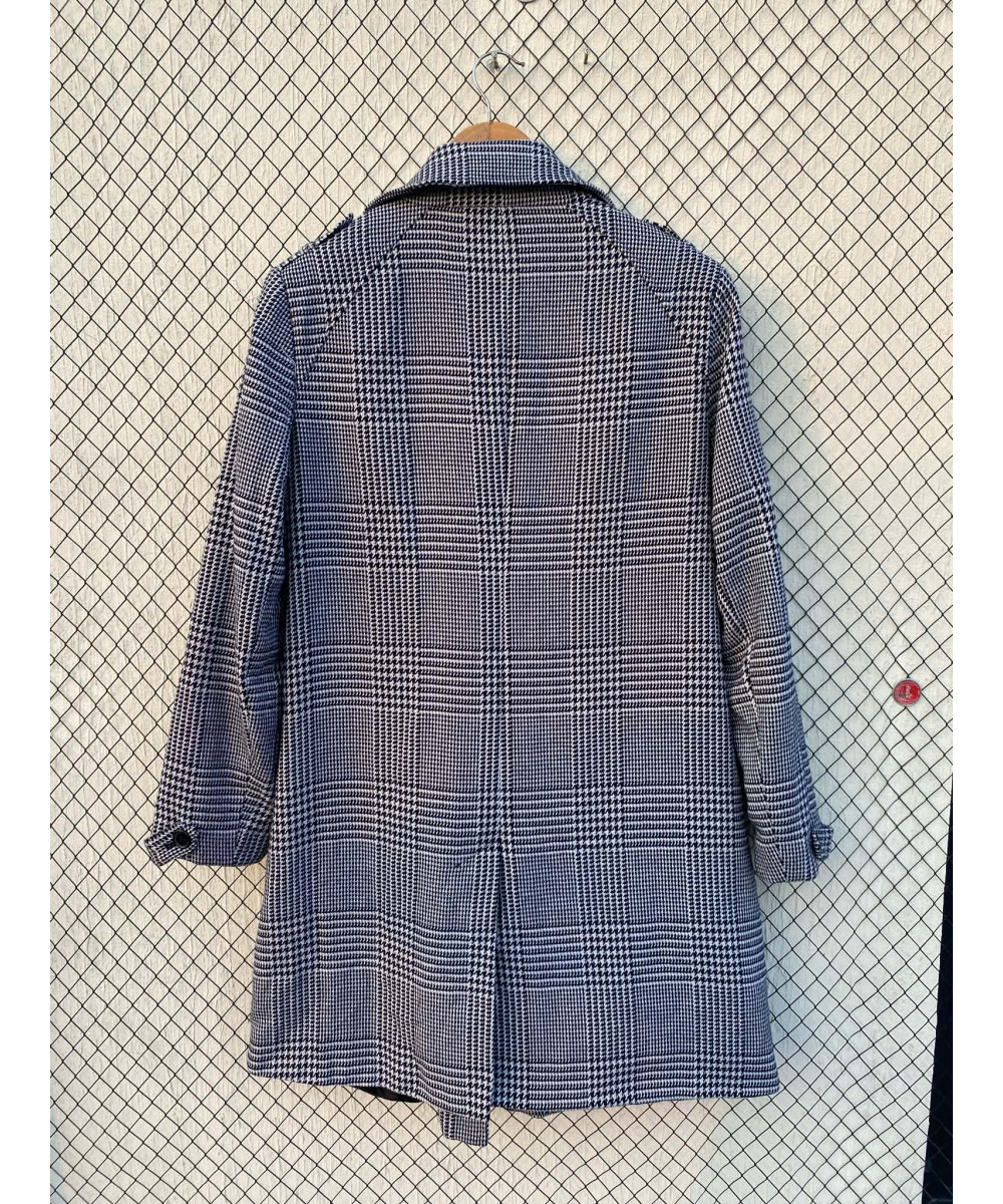 Black, checkered, long, wool coat
