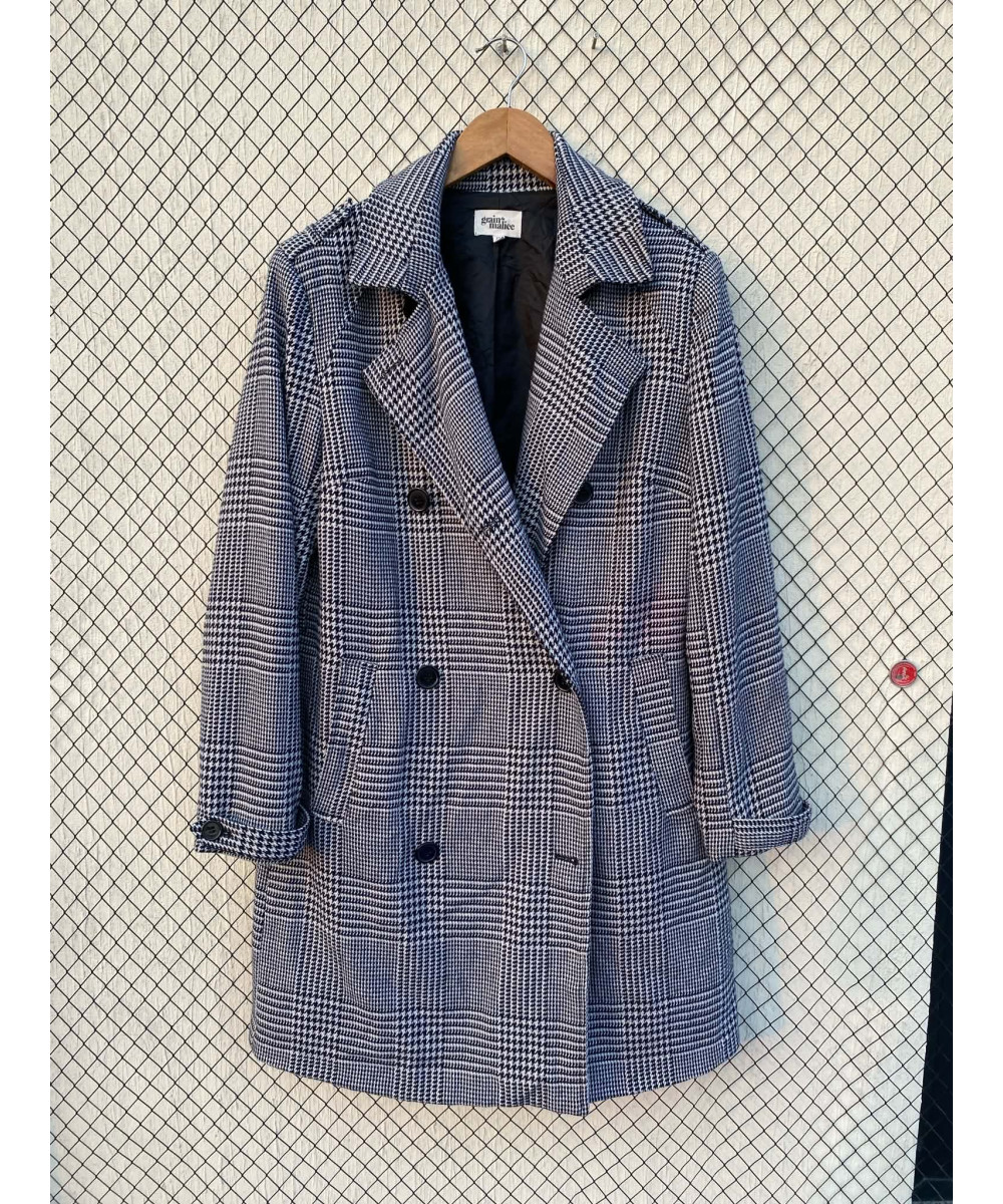 Black, checkered, long, wool coat