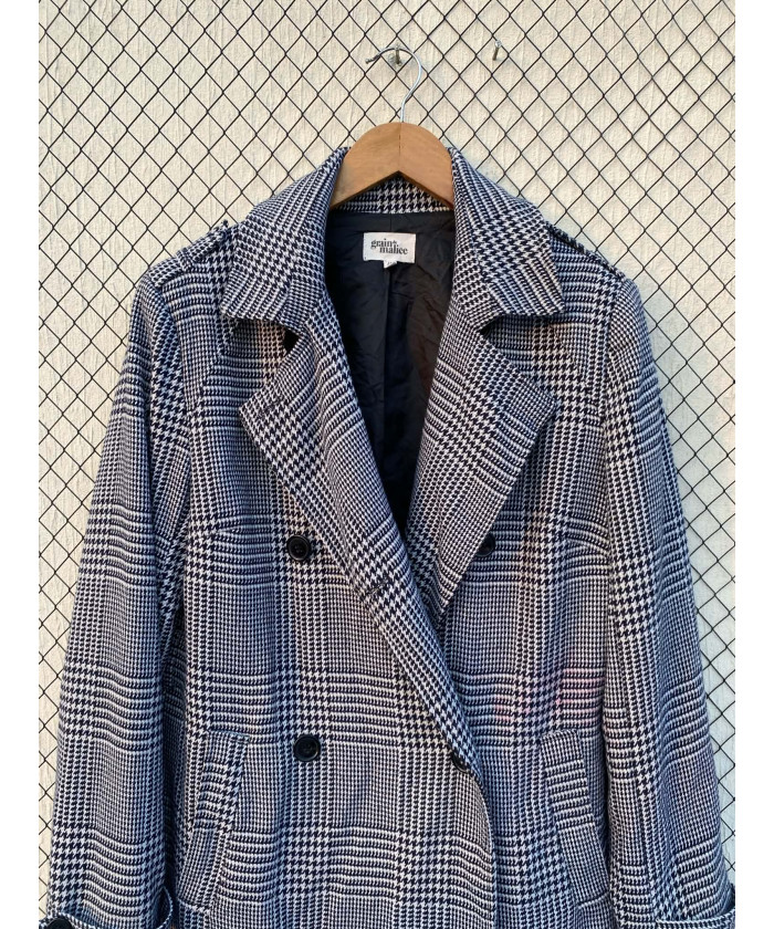 Black, checkered, long, wool coat