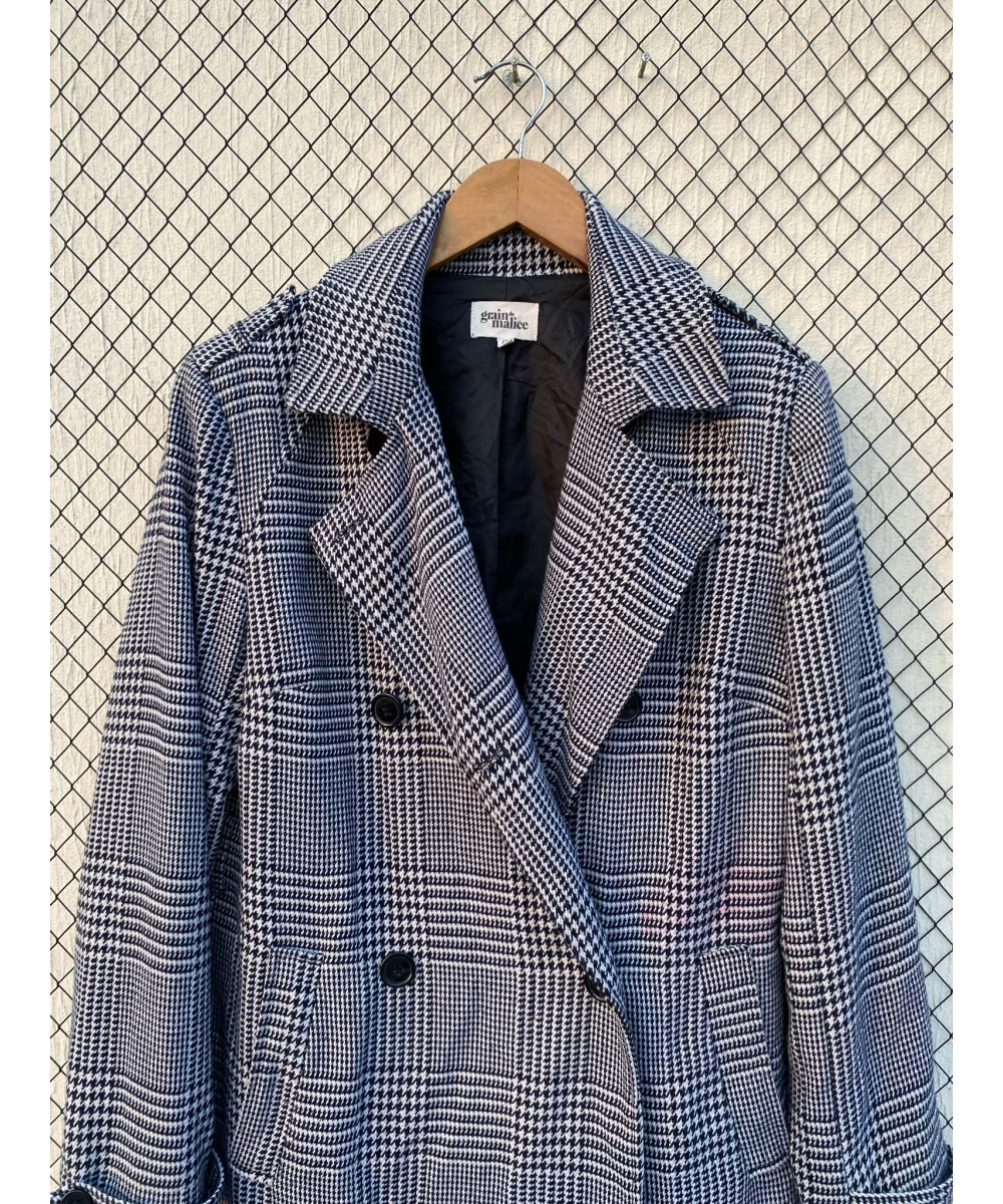 Black, checkered, long, wool coat