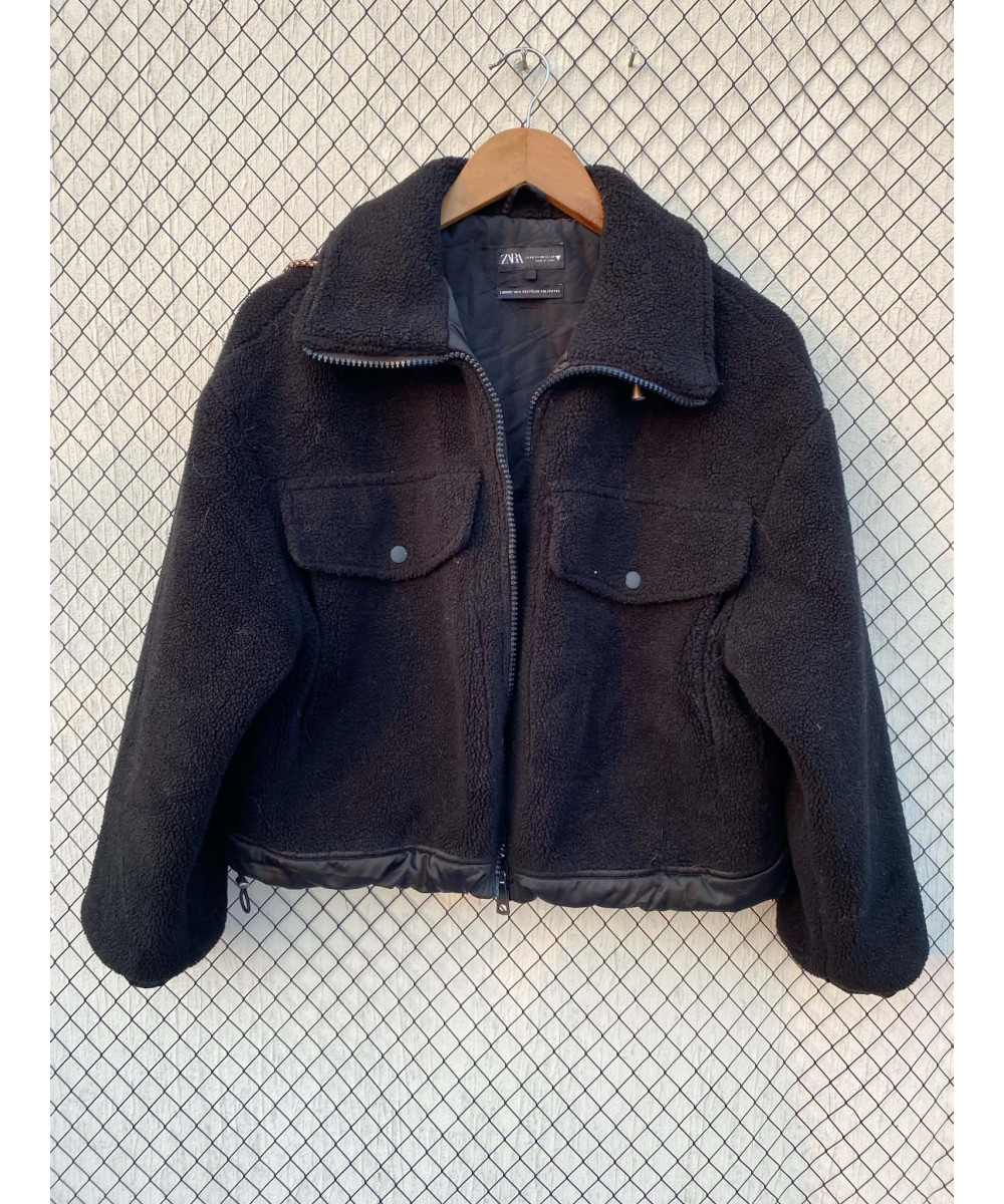 Black cropped teddy jacket
