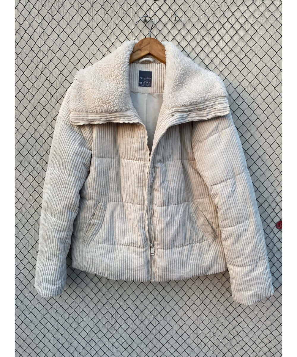 White, corduroy, puffer, zipper jacket