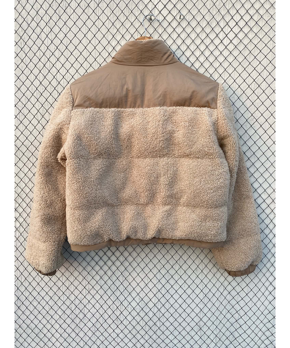 Camel-coloured, crop, puffer, teddy, zipper jacket