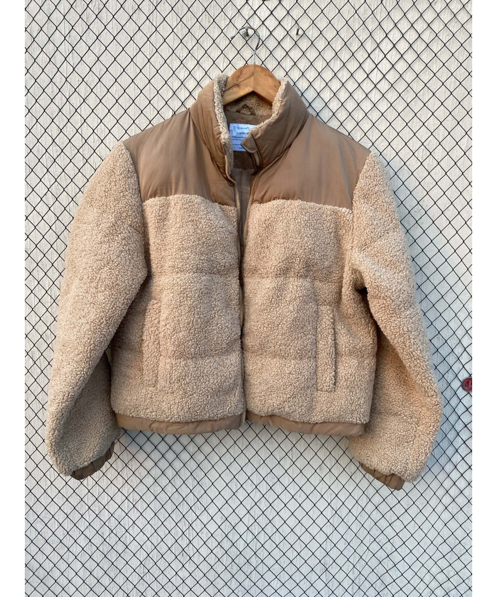 Camel-coloured, crop, puffer, teddy, zipper jacket
