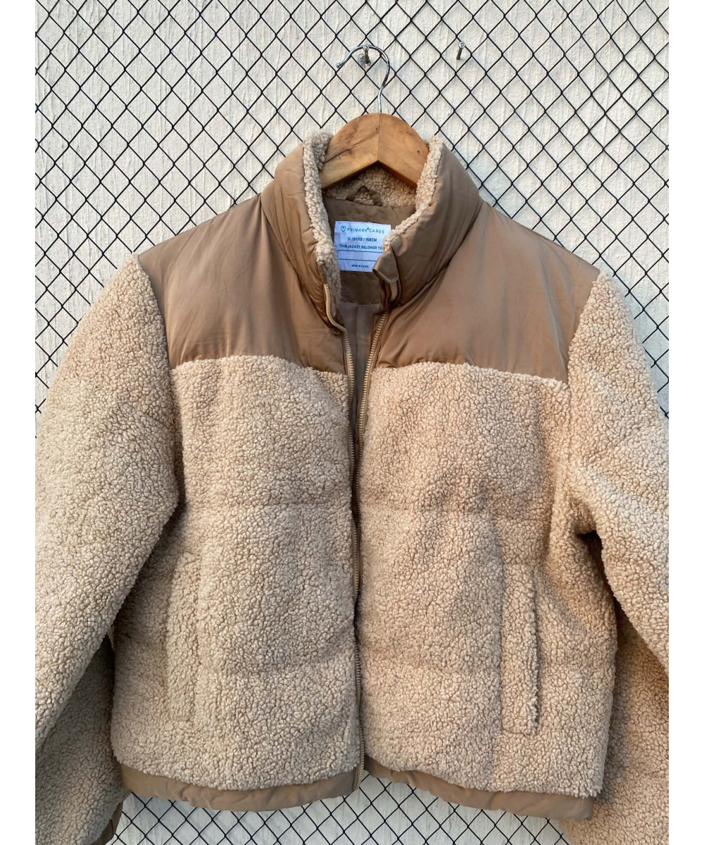 Camel-coloured, crop, puffer, teddy, zipper jacket