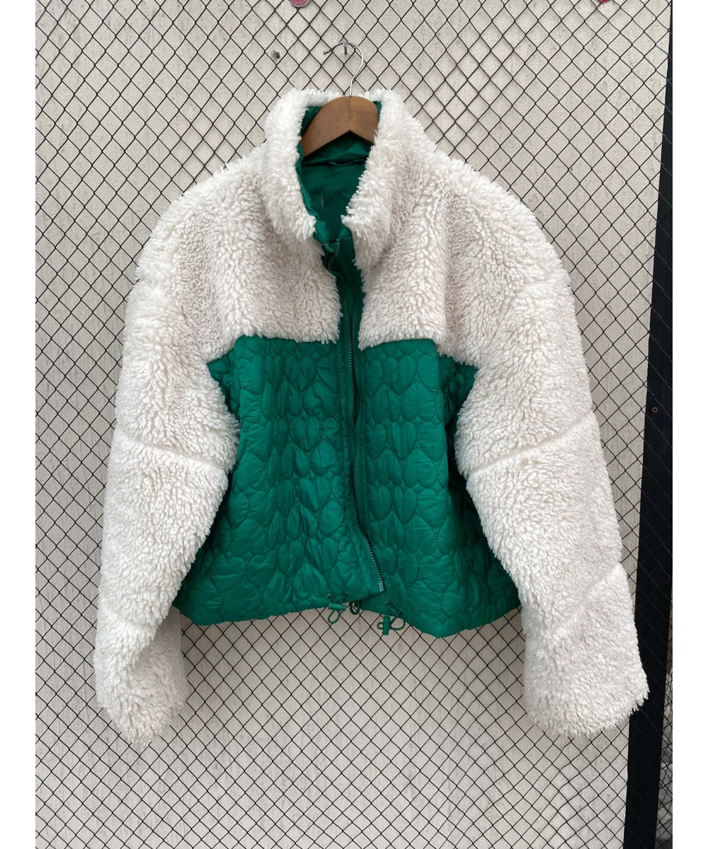 White & green, fur, zipper jacket