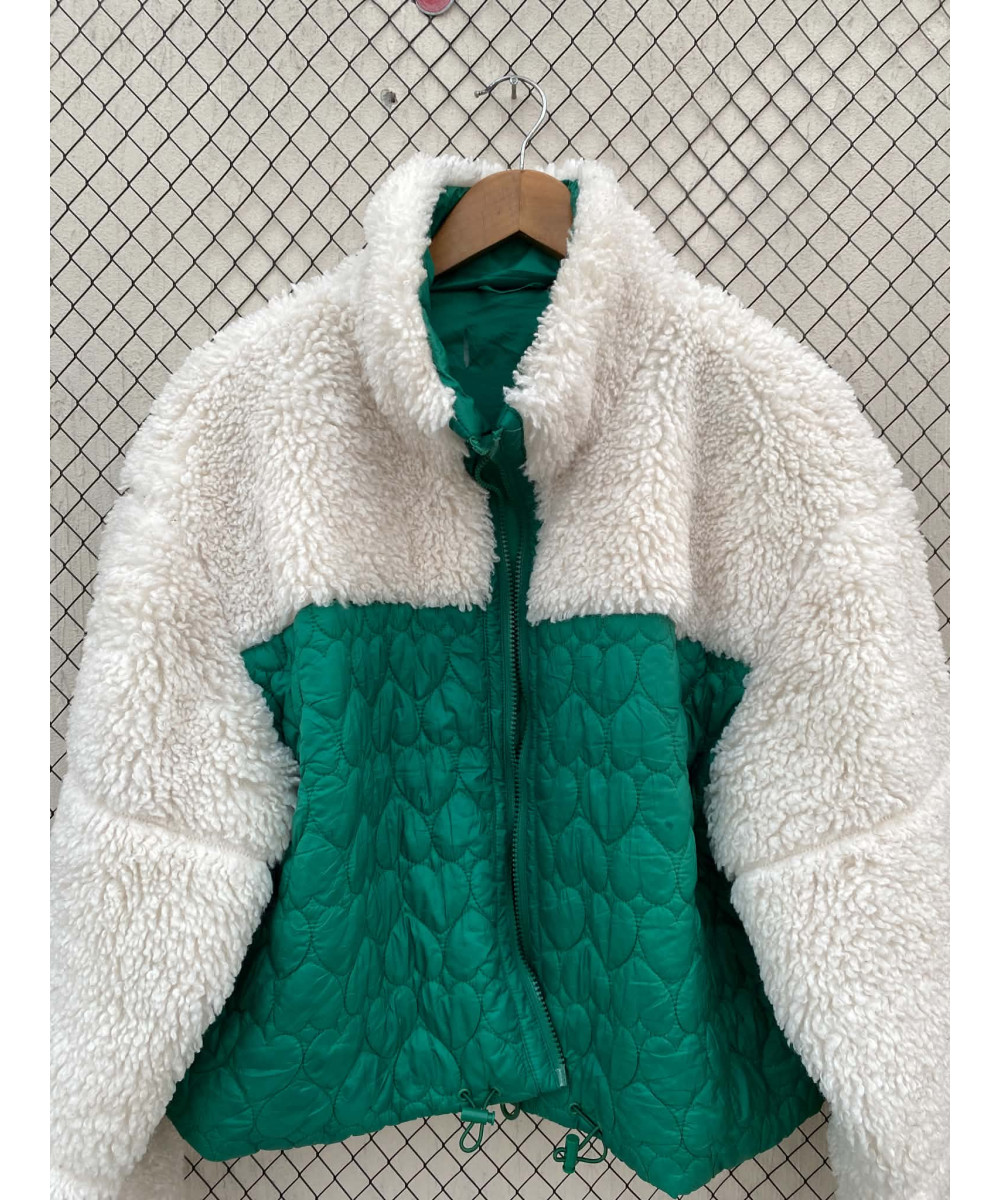White & green, fur, zipper jacket