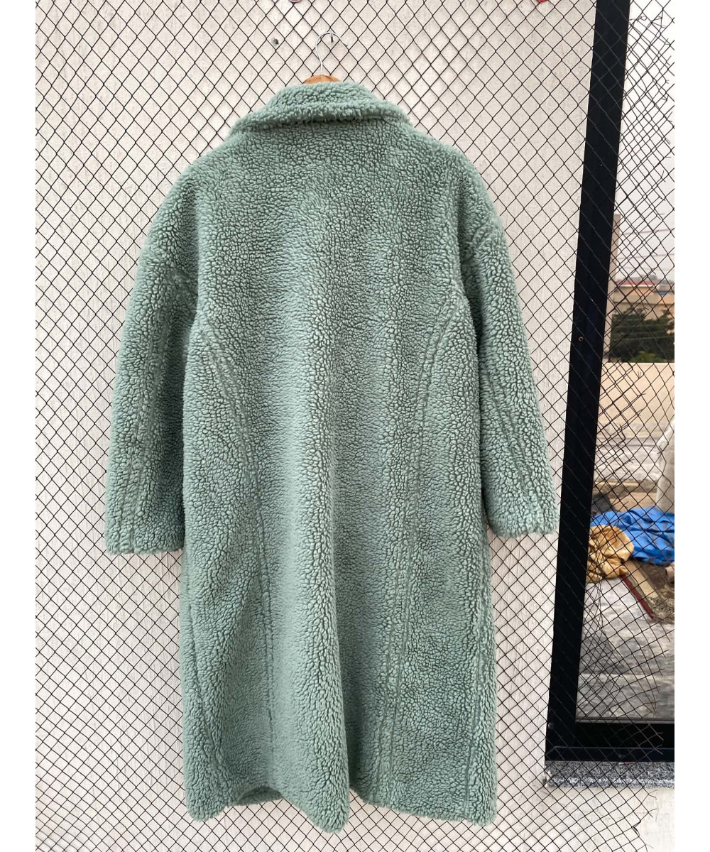 Sea green-colored, long, teddy coat