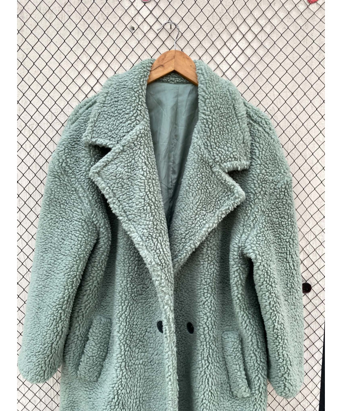 Sea green-colored, long, teddy coat