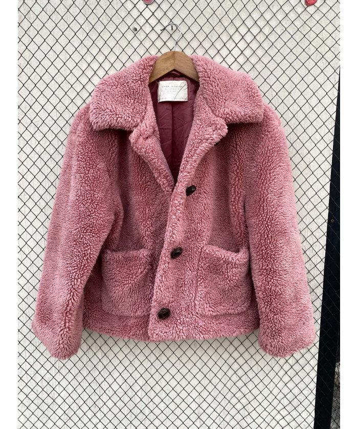 Pink, teddy, button-up jacket