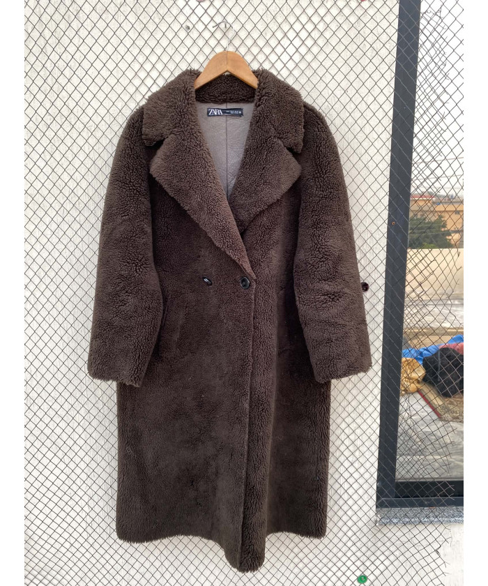 Dark brown, long, teddy coat