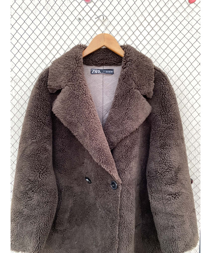 Dark brown, long, teddy coat