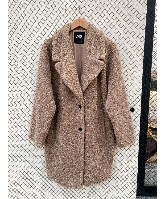 Fawn-colored, teddy, long coat